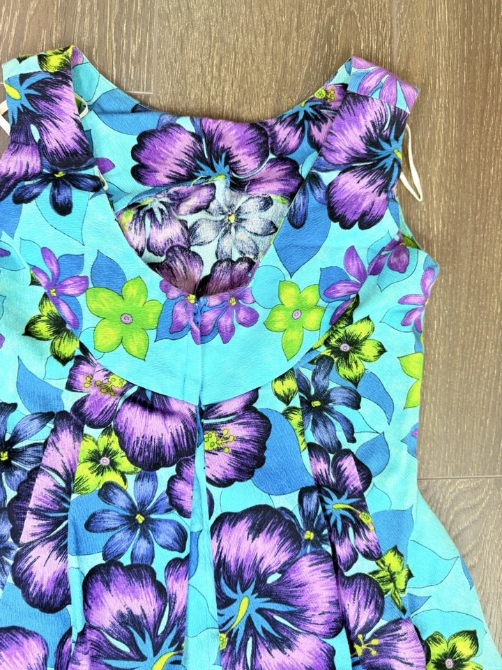 Vtg Jolene  1960s Hawaiian Maxi Dress Sm Sleeveless Blue Purple Waterfall Back - Image 3 of 4