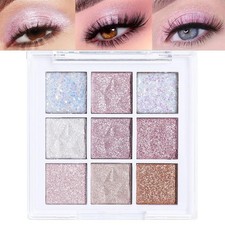 Pink White Glitter Shimmer Sparkle Eye Shadow Palette, Warm Pastel 9 Colors S...