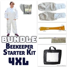 4XL Jawadis Beekeeping Starter Bundle: White Bee Suit, Gloves, Hive Tool & Brush