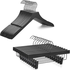 Black Rubber Wooden Hangers 12 Pack with Rubber Wood Pants Hangers 10 Pack