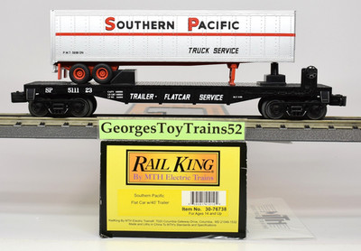 MTH RAILKING 3-RL O #511123 SP SOUTHERN PACIFIC FLAT CAR W/TRAILER 30-76738 NIB