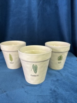 RAE DUNN Ceramic Flower Pots Planters Plant Grow Flourish Leaves Set Of 3