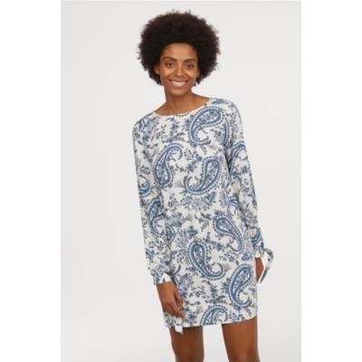 Women s H&M Blue White Paisley Midi Dress Long Sleeve Bow Cuff Boho Chic Small