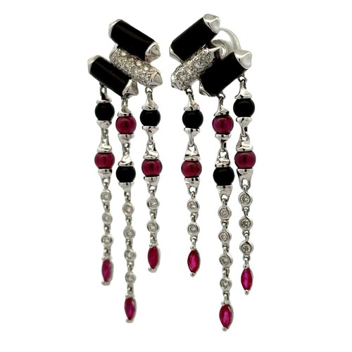 Diamond Onyx Ruby 18 Karat White Gold Deco-Inspired Dangle Drop Earrings - Picture 3 of 8