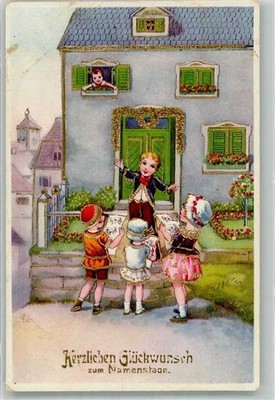 38152065 - Children Singing a Bar in Front of the House Gold Print E.A.S. 6054