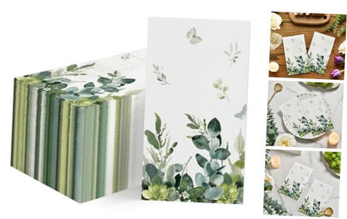 100 Spring Disposable Paper Decorative Guest Napkins, Watercolor Eucalyptus