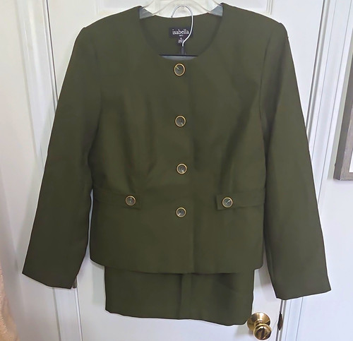 Isabella Suits Olive Solid 2-Piece Skirt Suit Set Jacket & Skirt Size 12 NWT