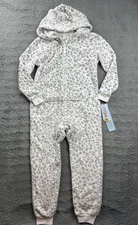 Cat & Jack One Piece Pajamas Girls Small 6/7 White Gray Leopard Hooded Fleece