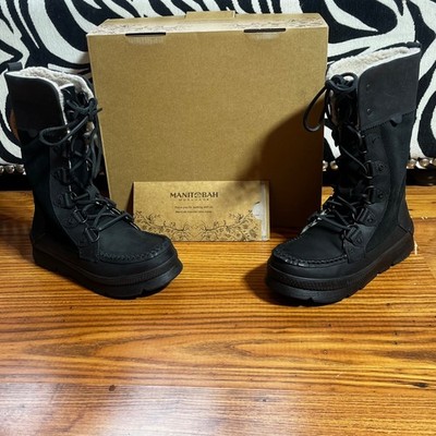 Manitobah Mukluks Snowy Owl Black Leather Suede Winter Boots Womens Size 6