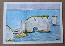 ACEO Old Harry rocks,Dorset original watercolour painting  2.5x3.5 Inches 