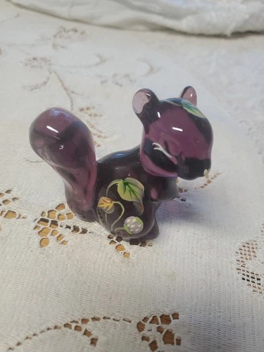 Fenton Purple Glass Squirrel Figurine Hand Painted Leaves Signed