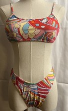 Retro Abstract Print Bikini Swimsuit Women's Size S