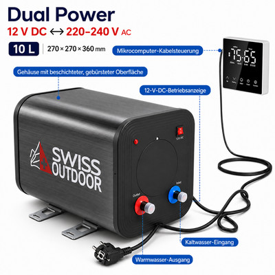 SWISS OUTDOOR Hybrid Boiler 10 L 12V  & 230V Warmwasserboiler Camper 300W & 600W
