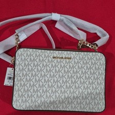 Michael Kors Jet Set Logo Crossbody Bag Zip Closure Gold Hardware Vanilla/Brown