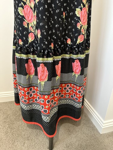 Vintage 1970s Red Black Roses Floral Print Maxi Dress Evening Gown Size 10 S M - Picture 5 of 10
