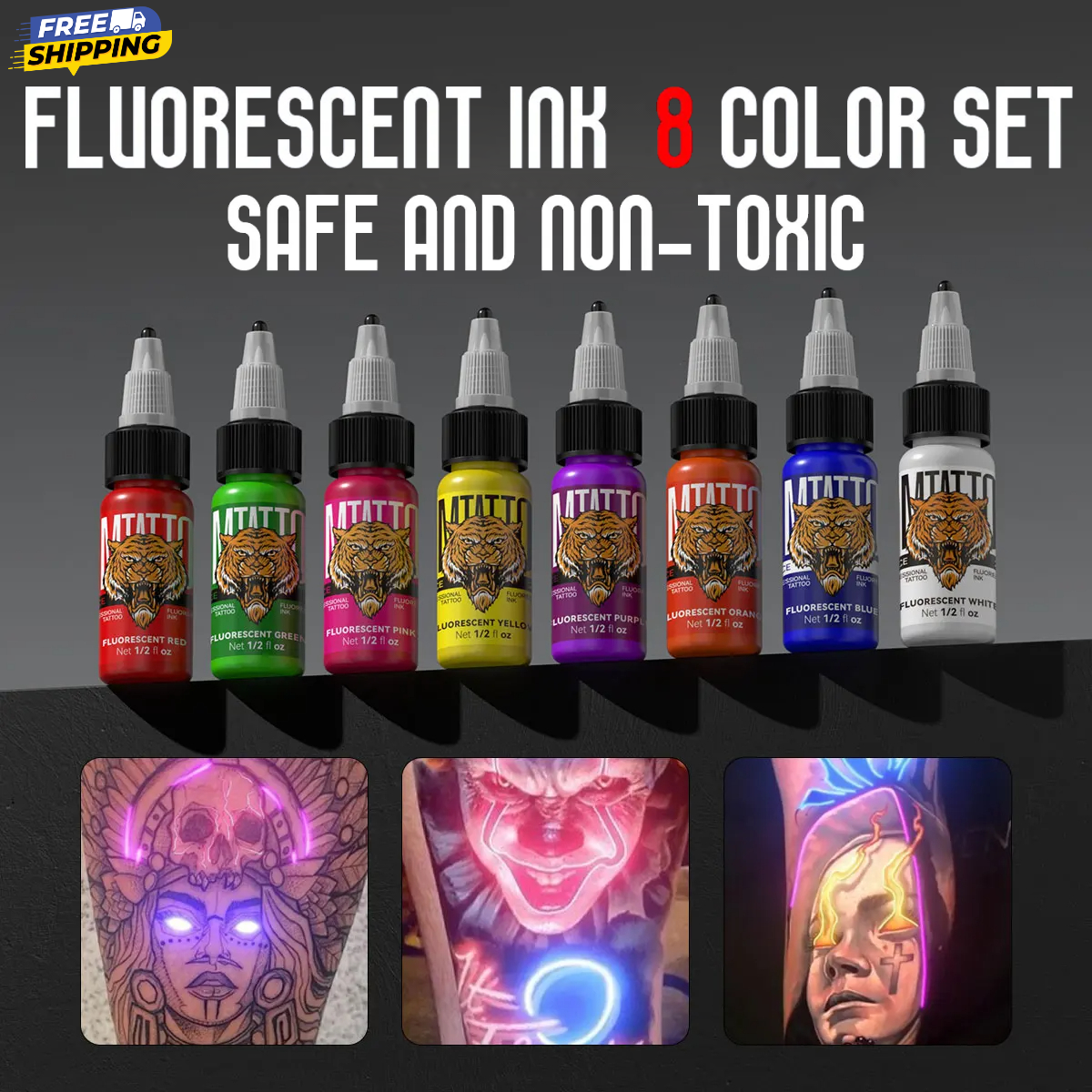 8pcs 1.2oz Professional Fluorescent UV Tattoo Ink Glowing Pigment Non ...