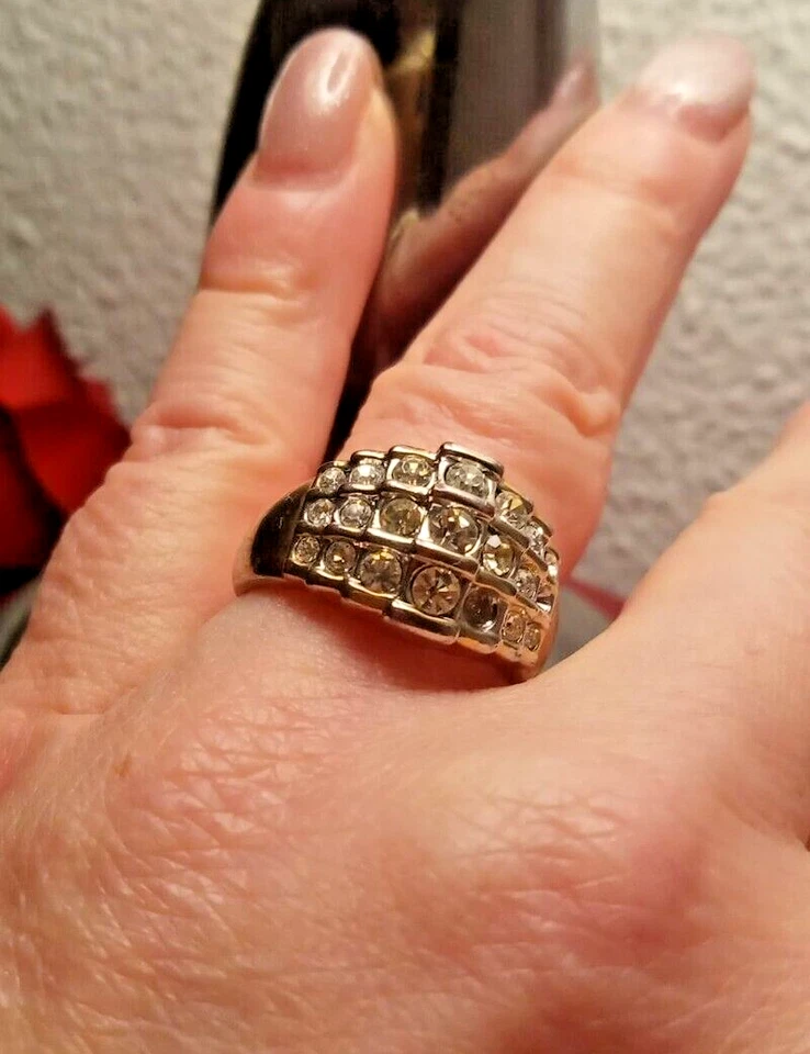 😊ANELLO a fascia con 3 file di ZIRCONI BIANCHI argento Fascione Ring Vintage - Immagine 3 di 4