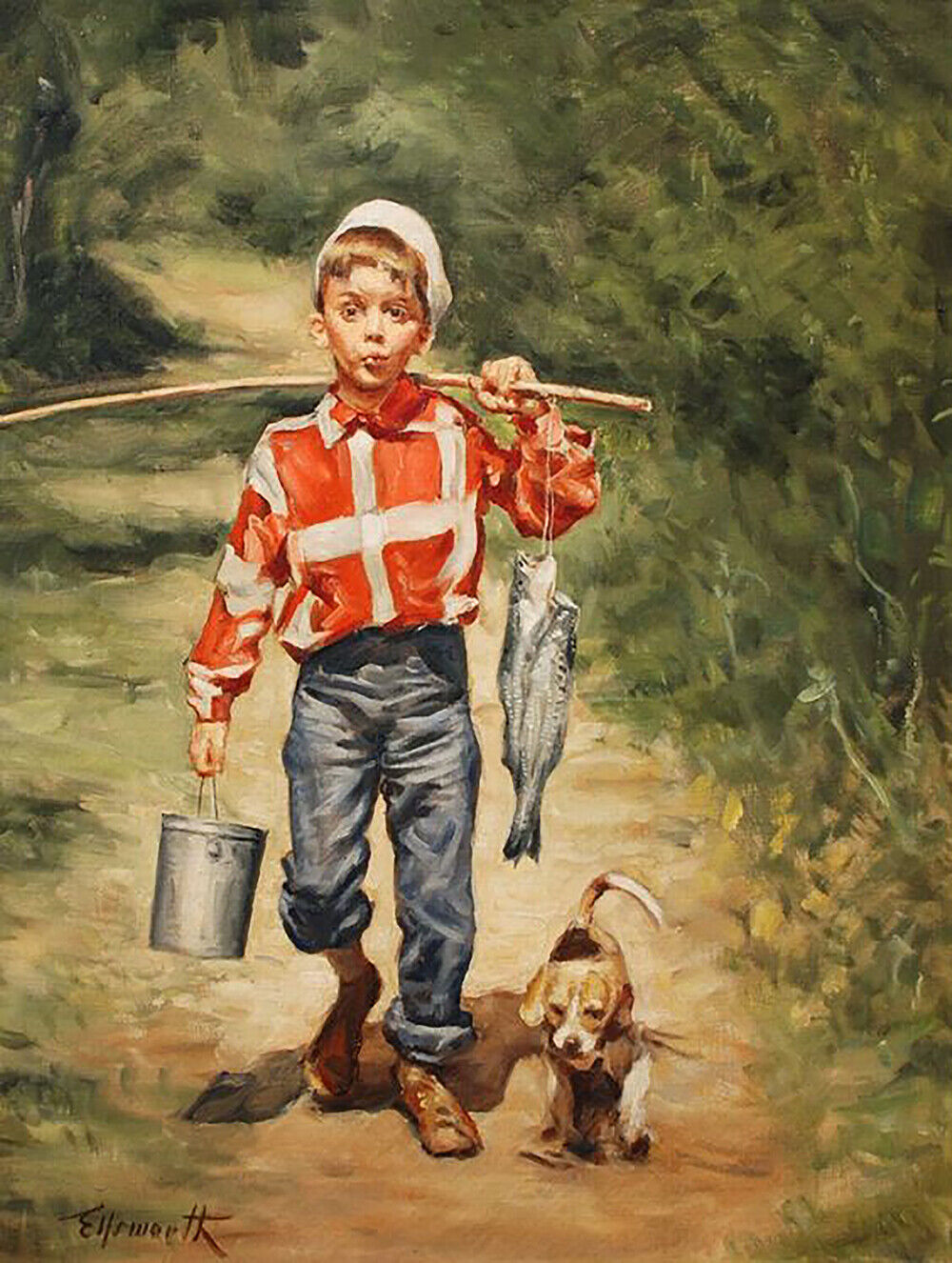 Boy Fishing With Dog Metal Sign Vintage Art FREE SHIPPING