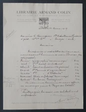 Facture 1917 LIBRAIRIE ARMAND COLIN Leclerc Bourrelier éditeur illustrée 52