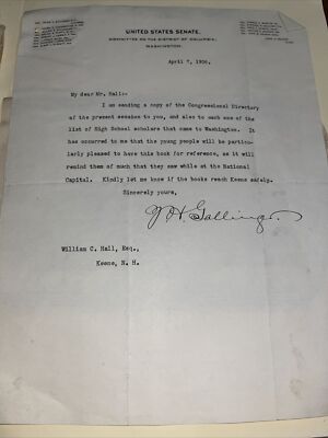 Signed 1906 Letter - United States Senate New Hampshire Senator Jacob Gallinger