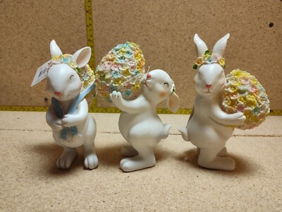 3 Pcs Easter Bunny Figurines, Rabbits w/Sparkling Sculpted Floral Easter Eggs