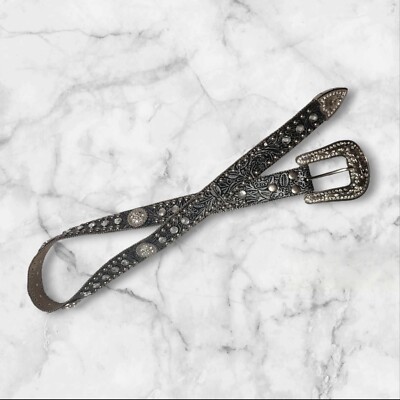 Blazin Roxx Rhinestone Leather Belt Womens Size 40 - 42 Black Floral Bling