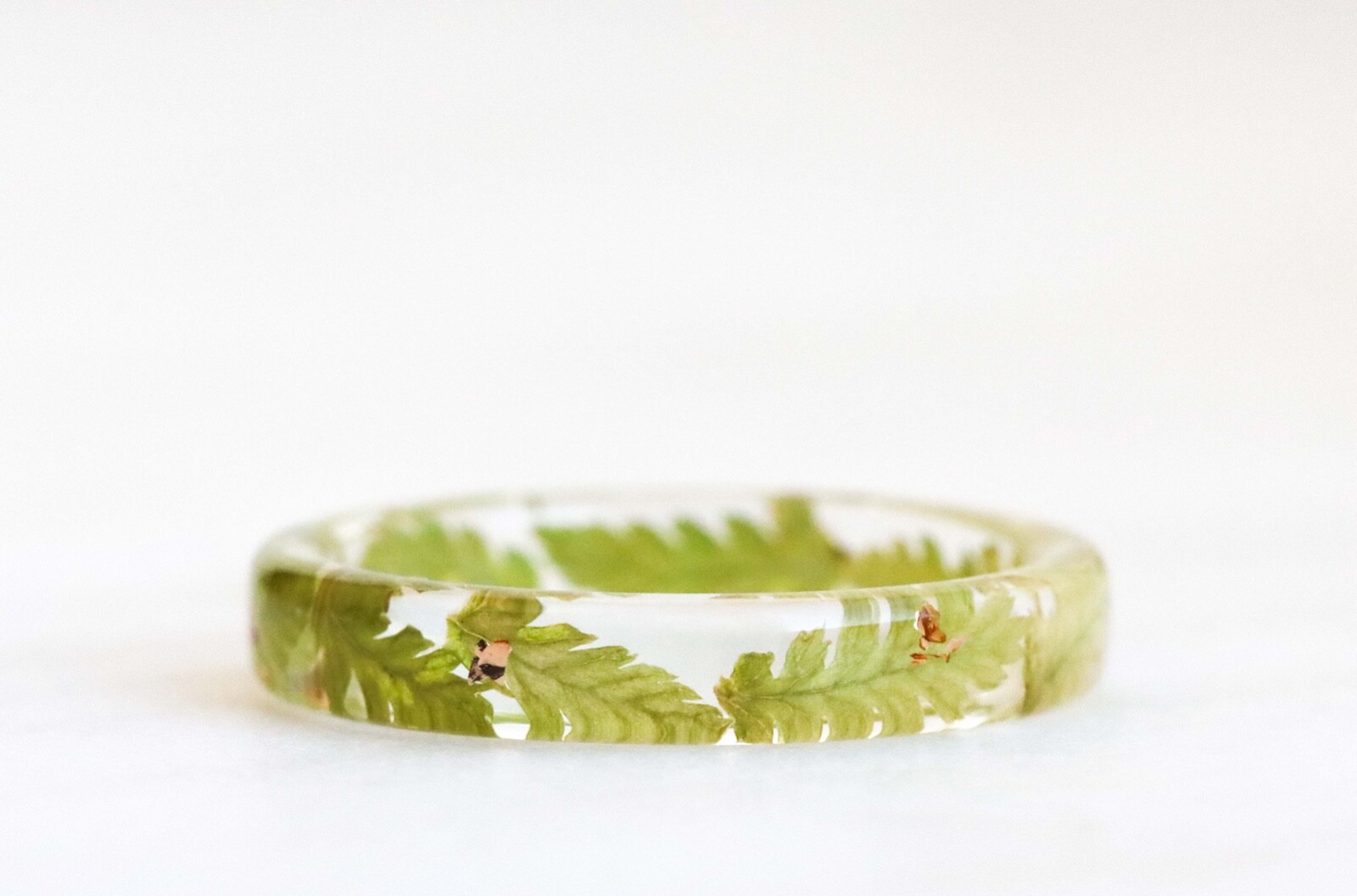Thin Resin Ring with Pressed Forest Fern Leaves and Gold Flakes, Nature Inspired