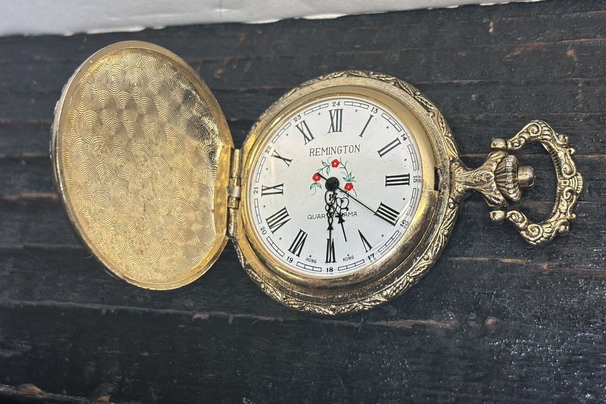 Remington Quartzarama Gold Colored Pocket Watch With Elk | eBay