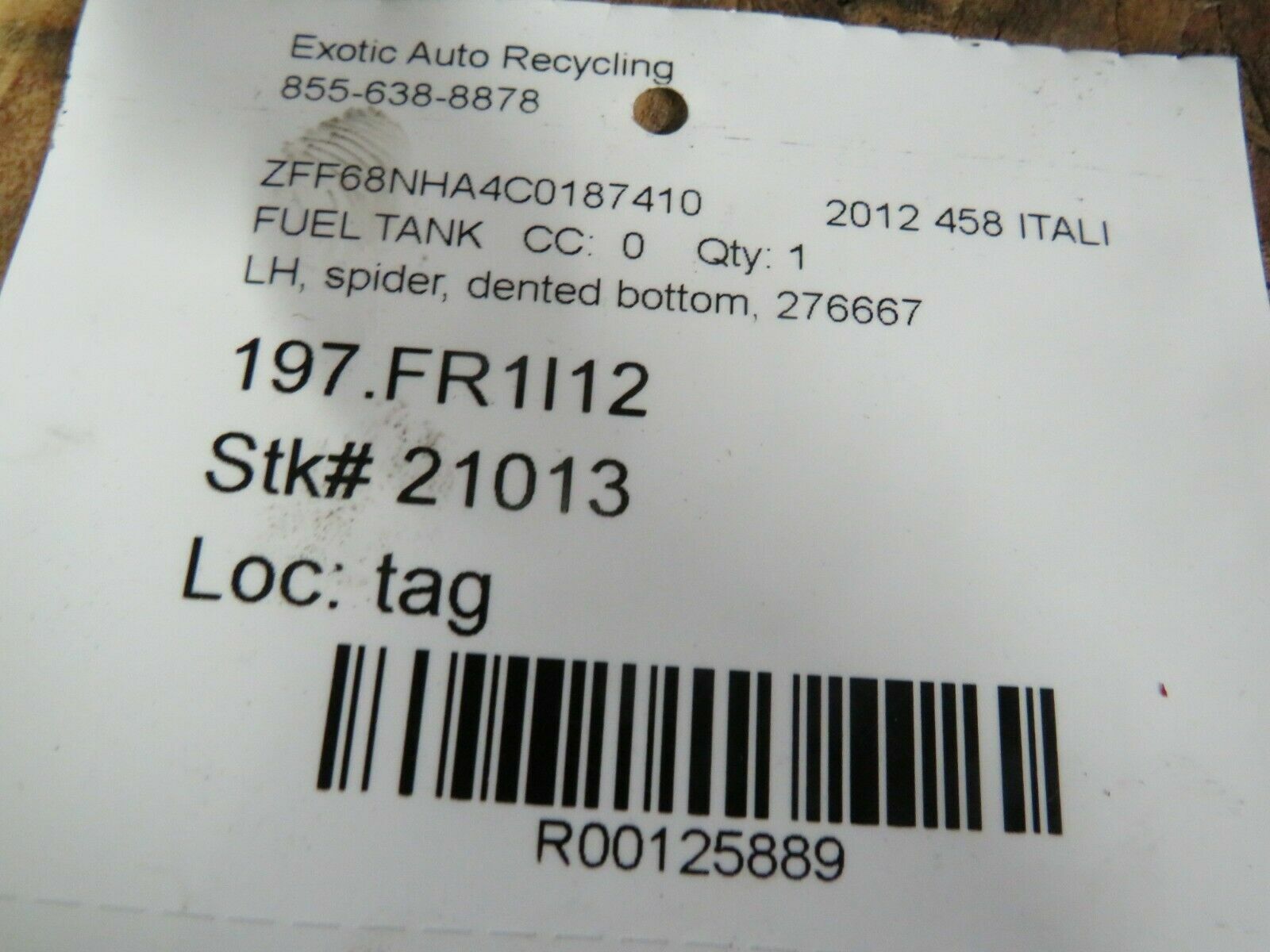Ferrari 458 Italia Spider, LH, Left, Fuel Tank, Used, Dented, P/N 276667