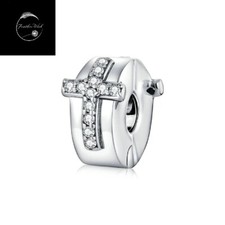 Sterling Silver 925 Clip Charm Holy Cross Crucifix Faith Bead Family Friend Wife