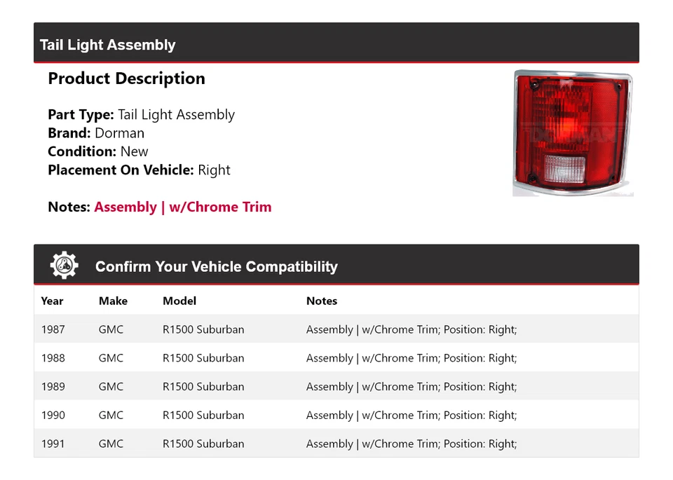 适用于 1987 - 1991 年 GMC R1500 Suburban Dorman 尾灯总成右 1988 1989 1990 — 第 2/4 张图片