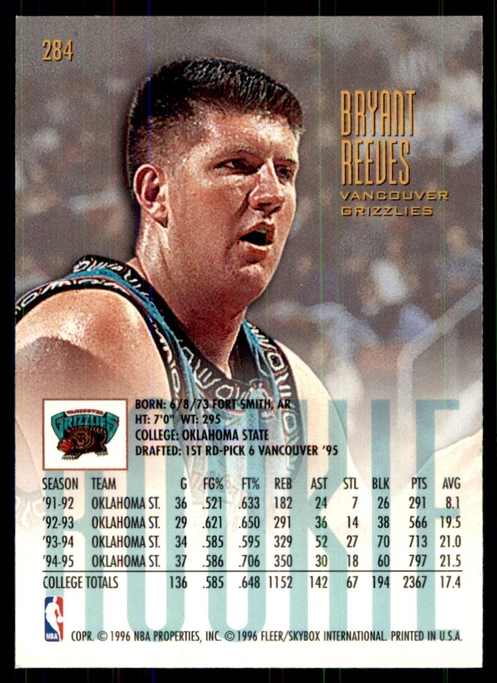 1995-96 Fleer Ultra Bryant Reeves Vancouver Grizzlies #284 - Image 2 of 2