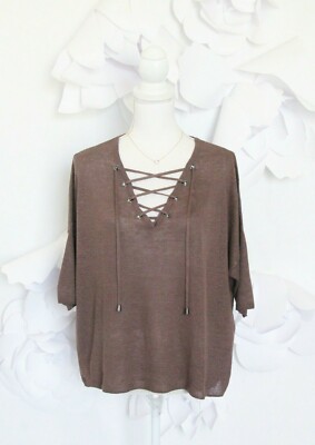 Max & Moi Linen Knit Top Sweater Pullover Women's 38/6 M Brown Flowy Luxury