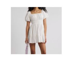 BP. Women's White Puff Sleeve Tiered Cotton Prairie Baby Doll Dress Large NWT