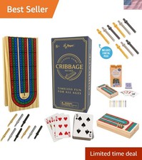 All-In-One Cribbage Set - Wooden Board, Metal Pegs, Cards - Perfect Family Gift