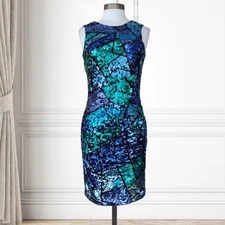 Vintage 80s Oleg Cassini Black Tie Sequin Cocktail Dress Size 8/10 Blue Mosaic