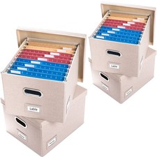 File Organizer Box - Set of 4 Collapsible Decorative Linen Filing Storage Han...