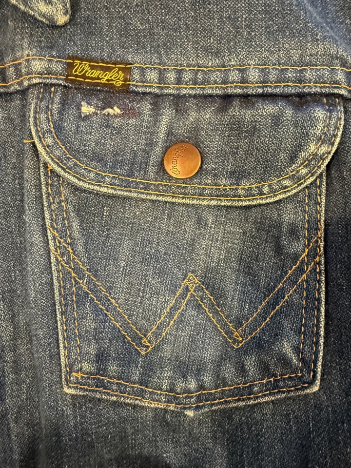 🇺🇸Hecha en EE. UU. Chaqueta Denim Wrangler Etiqueta Negra Med/Lg Hollywood Brad Pitt Años 70 Foto 4 de 4