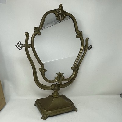 VINTAGE SOLID BRASS BASE TILTING VANITY DRESSER TABLETOP MIRROR