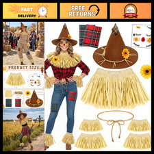 Adult Scarecrow Costume with Hat, Neck Piece, Wrist  Leg Ties, Makeup Set for H