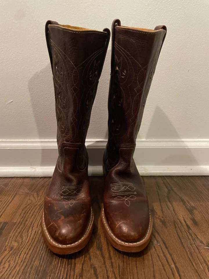 Botas vaqueras vintage/para mujer Frye Austin con recorte floral talla 6 marrón Foto 2 de 4