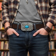 Men Women Antique Silver Metal Ethnic Belt Buckle Turquoise Filigree Rectangular