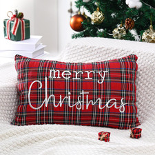 Tartan Christmas Pillow Cover 12 X 20 Inch Embroidered Merry Christmas Throw Pil