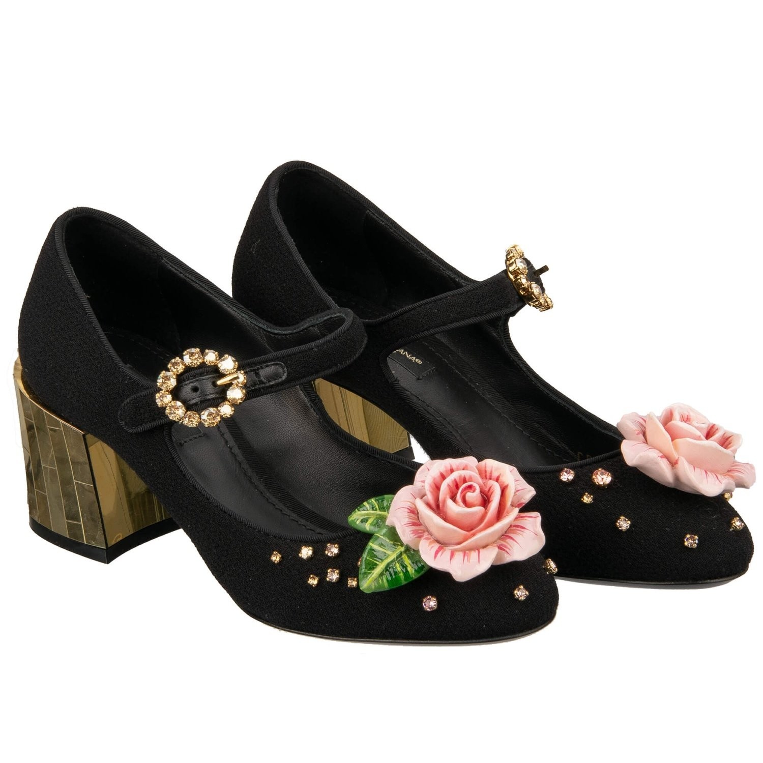 DOLCE & GABBANA Crystal Rose Brooch Heels Mary Jane Pumps VALLY Black Pink 36 6