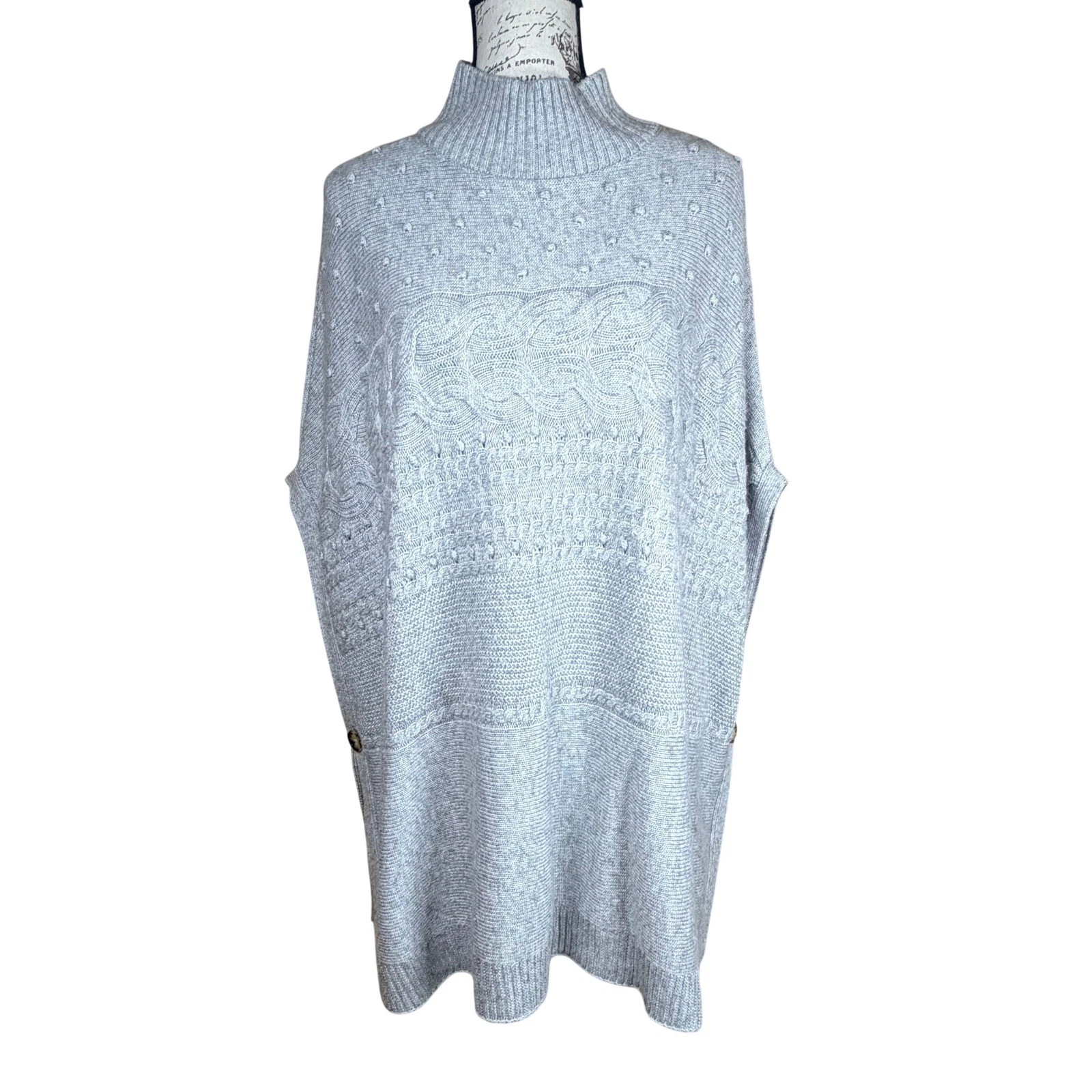 Talbots Poncho Sweater Womens M Gray Cable Knit Mock Neck Oversized Cottagcore