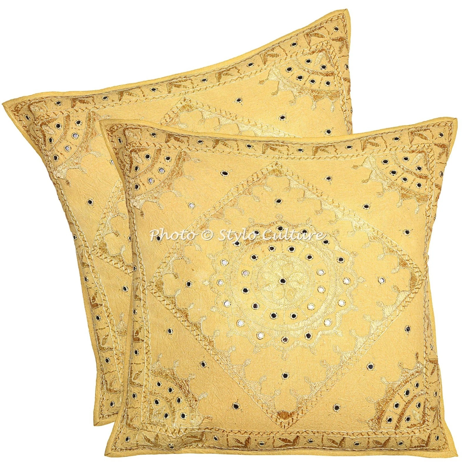 Ethnic Embroidered Throw Pillow Covers Cotton Mirrored 24x24 Inch Cushion Cover
