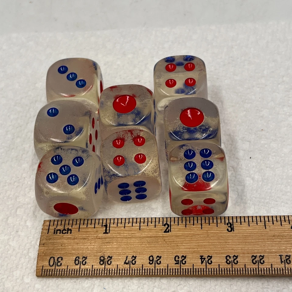 8 dados redondos vintage de acrílico transparente transparente de 3/4 pulgadas con pepitas rojas y azules Foto 2 de 4