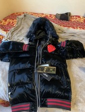 Mens Black Puffer Jacket Hooded Faux Fur Trim...