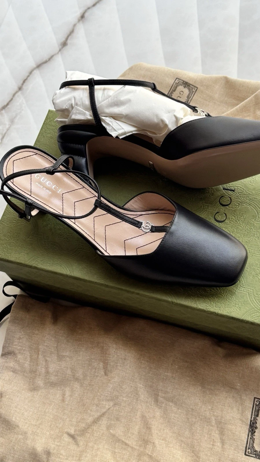 Escarpins à talons Gucci Nappa Charlotte Petite GG 55mm cuir à bride pointure 40 noir