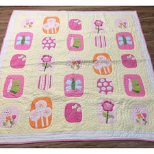 Pottery Barn Kids Quilt Twin Butterfly Flower Patchwork Yellow Pink Green